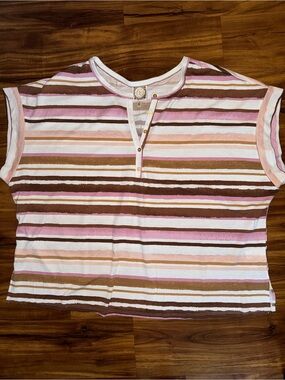 TruSelf Striped Short Sleeve Henley Tee in Pink, Brown & White NWOT